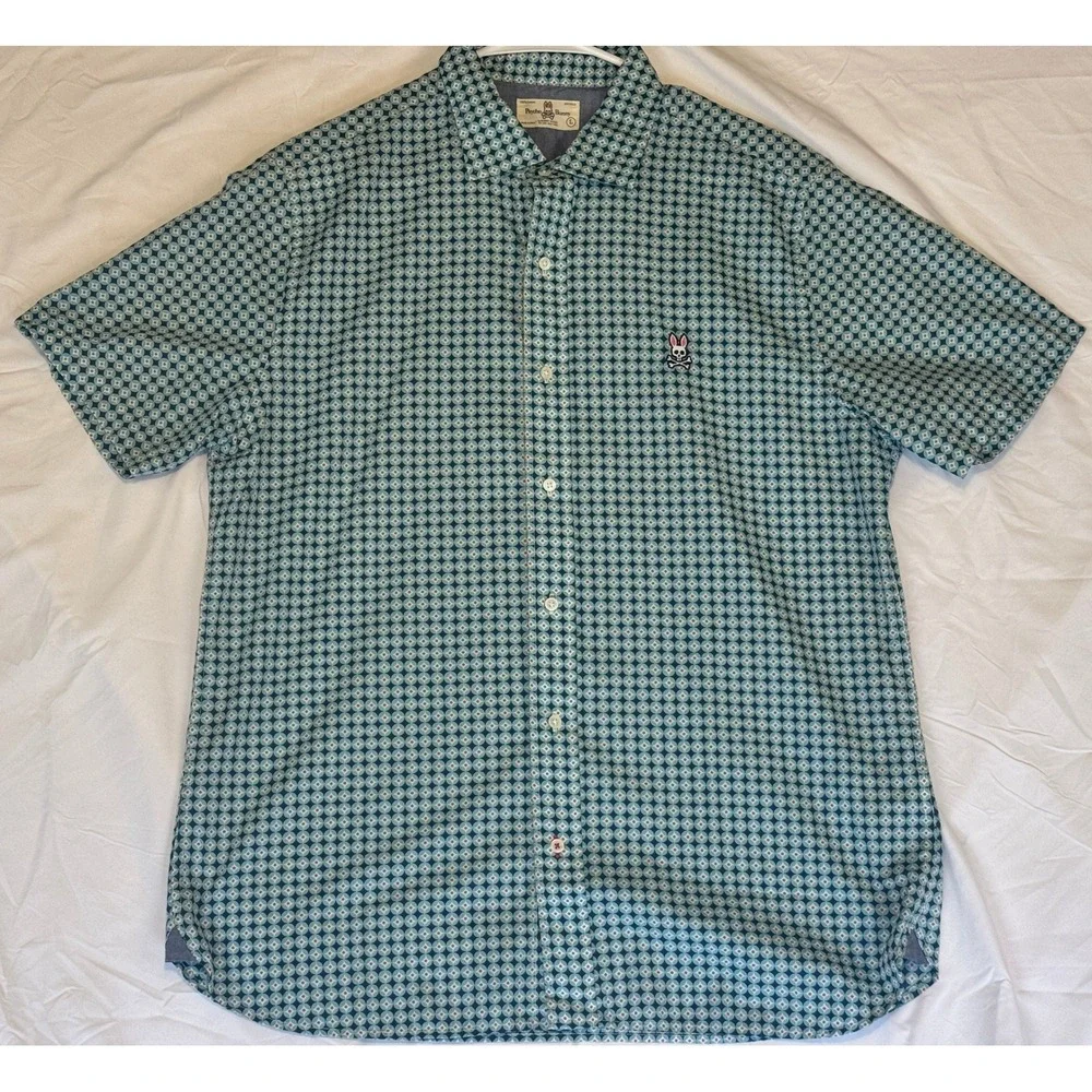 Psycho Bunny Mens Pima Cotton Geometric Print Short Sleeve Button Down Shirt L